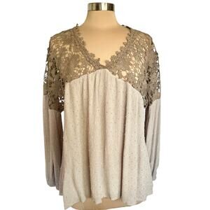 Oddy Crinkle & Crochet Lace Boho Top Taupe Sz 1XL Swiss Dot Long Sleeves Casual